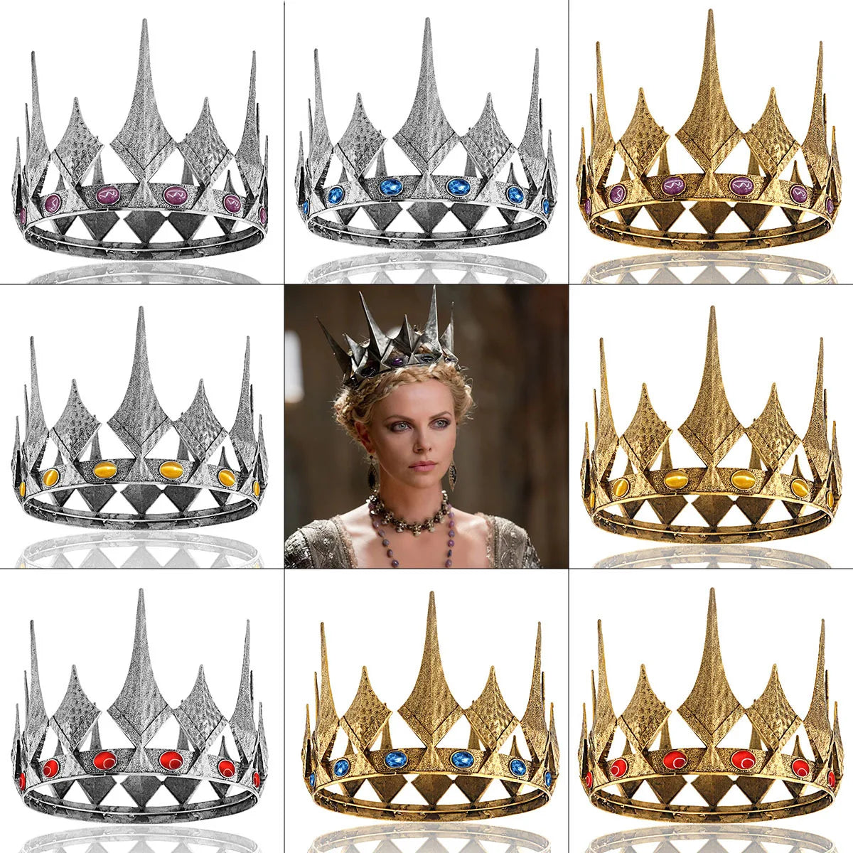 Round Crown Big King Tiara Cosplay Movie Hair Accessory, Introducing the Big King Crown Tiara, fit for a royal outcast. This tall, full round crown boasts colorful crystal accents and alternating high-low spikes, making it perfect for cosplay, partie