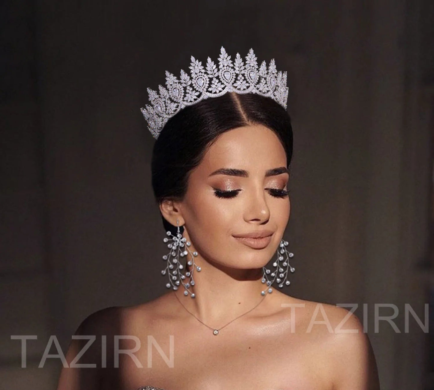 Full Cubic Zirconia Wedding Tiara Crow Water Drop CZ Party Hair Accessory