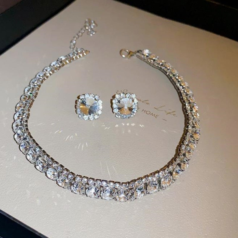 Crystal Choker Necklace Earring Jewelry Set Wedding Accessories, This luxurious set includes an adjustable chain choker necklace with matching earrings