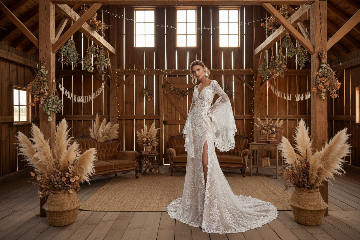 Bohemian Wedding Dress Long Flare Sleeve Side Slit Champagne Lining, embrace your free-spirited side in this stunning bohemian wedding dress that defies convention