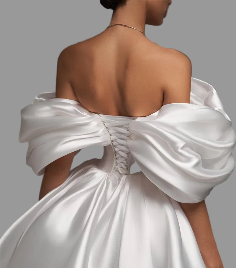 Mini Wedding Dress A Line Soft Satin Off The Shoulder Bridal Gown, embrace modern bridal style with this charming A-line mini wedding dress crafted from luxurious soft satin