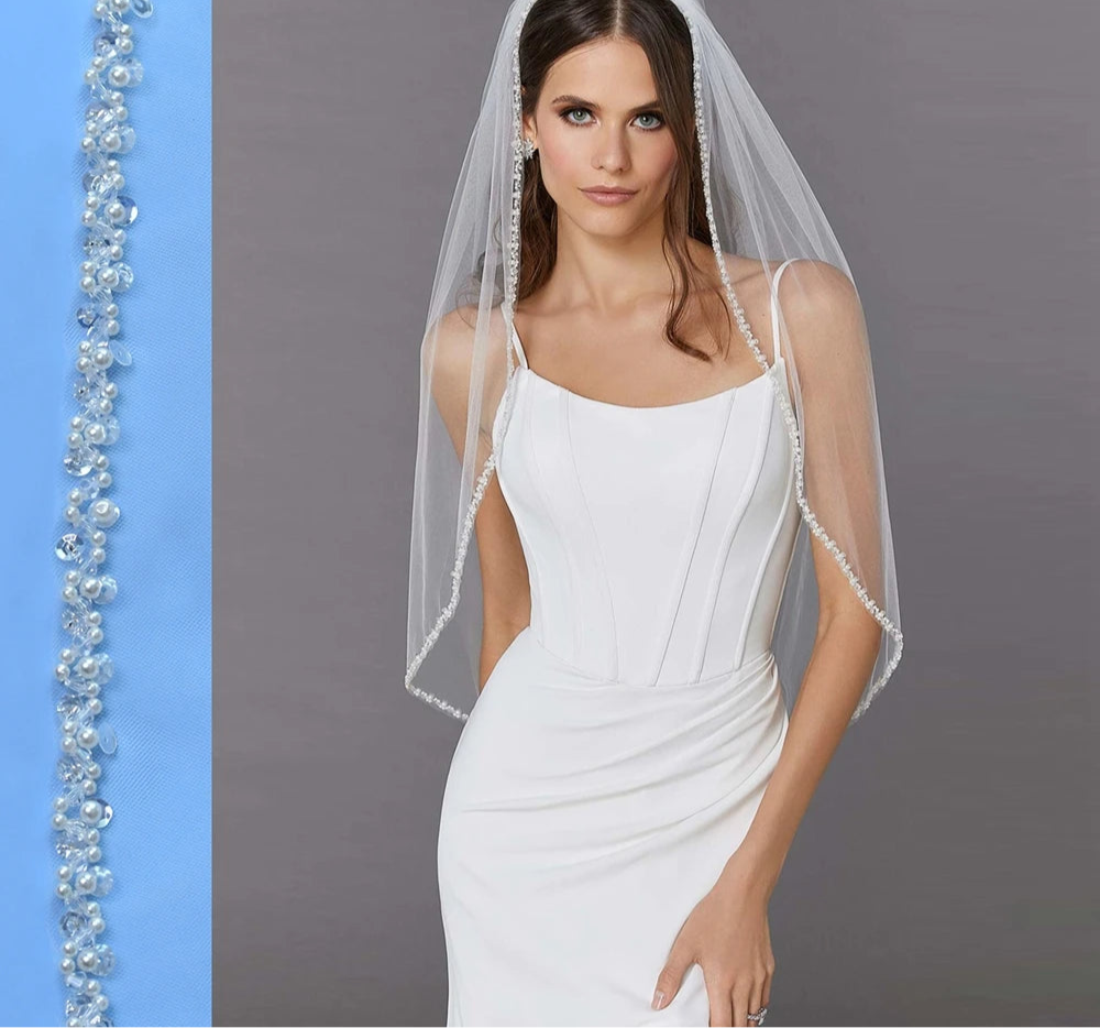 Wedding Veil Pearl Crystals Edge Bridal Accessory, Elevate your bridal ensemble with this delicate cut tulle net wedding veil,