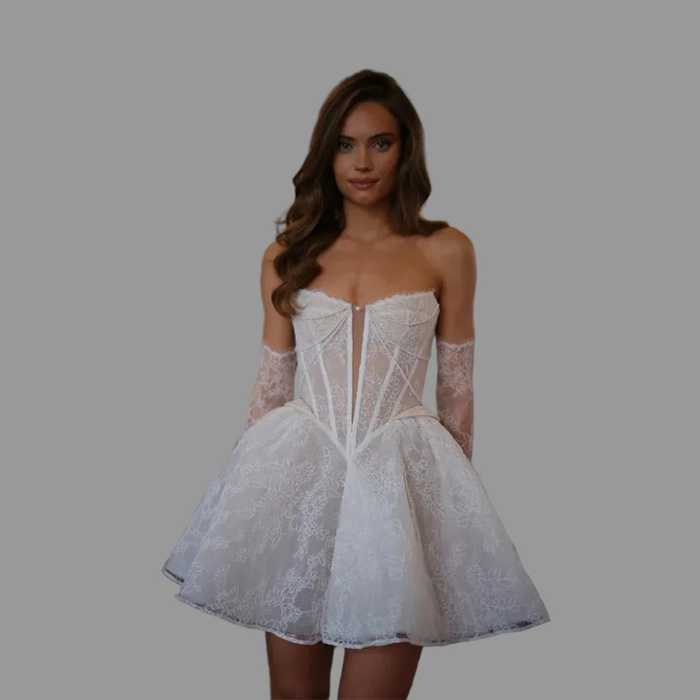 White Mini Wedding Dress Detachable Sleeves A-Line Bridal Gown, Say "I do" to effortless elegance with this flirty mini bridal gown.