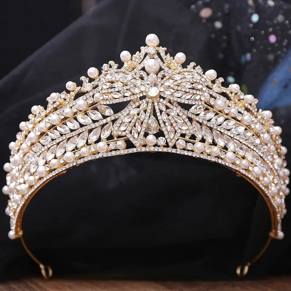 Wedding Tiara Crystal Pearl Crown Bridal Hair Accessory, Enhance your bridal look with this stunning Crystal Pearl Tiara Crown. The high point faux pearl cente