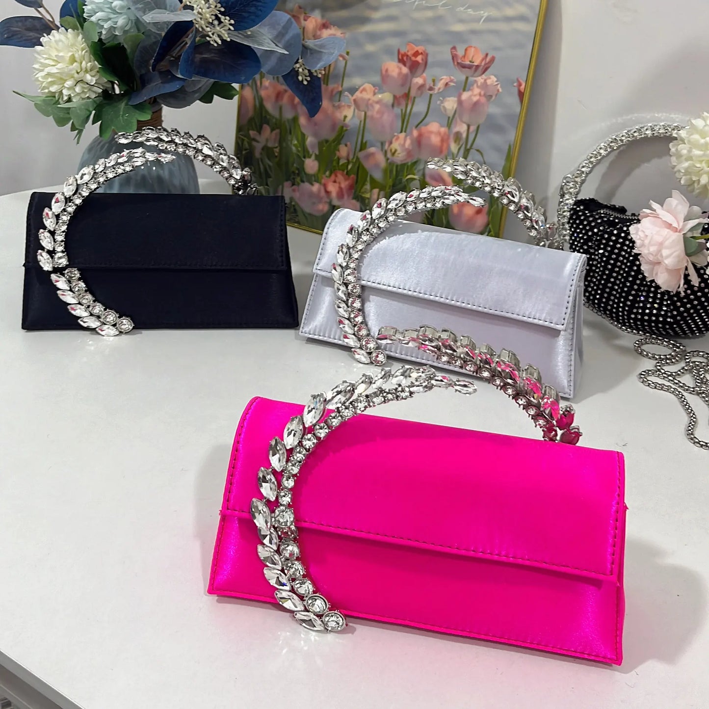Satin Crystal Party Purse Shiny Rhinestone Wedding Clutch