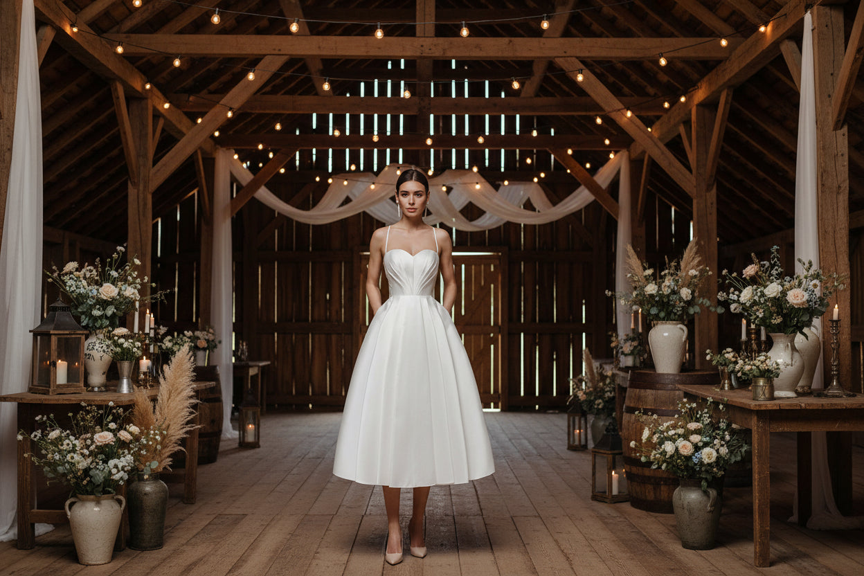 Tea Length Wedding Dress Simple A Li ne Matt Satin Bridal Attire, embrace effortless romance in this charming tea-length wedding dress that perfectly captures boho-chic elegance