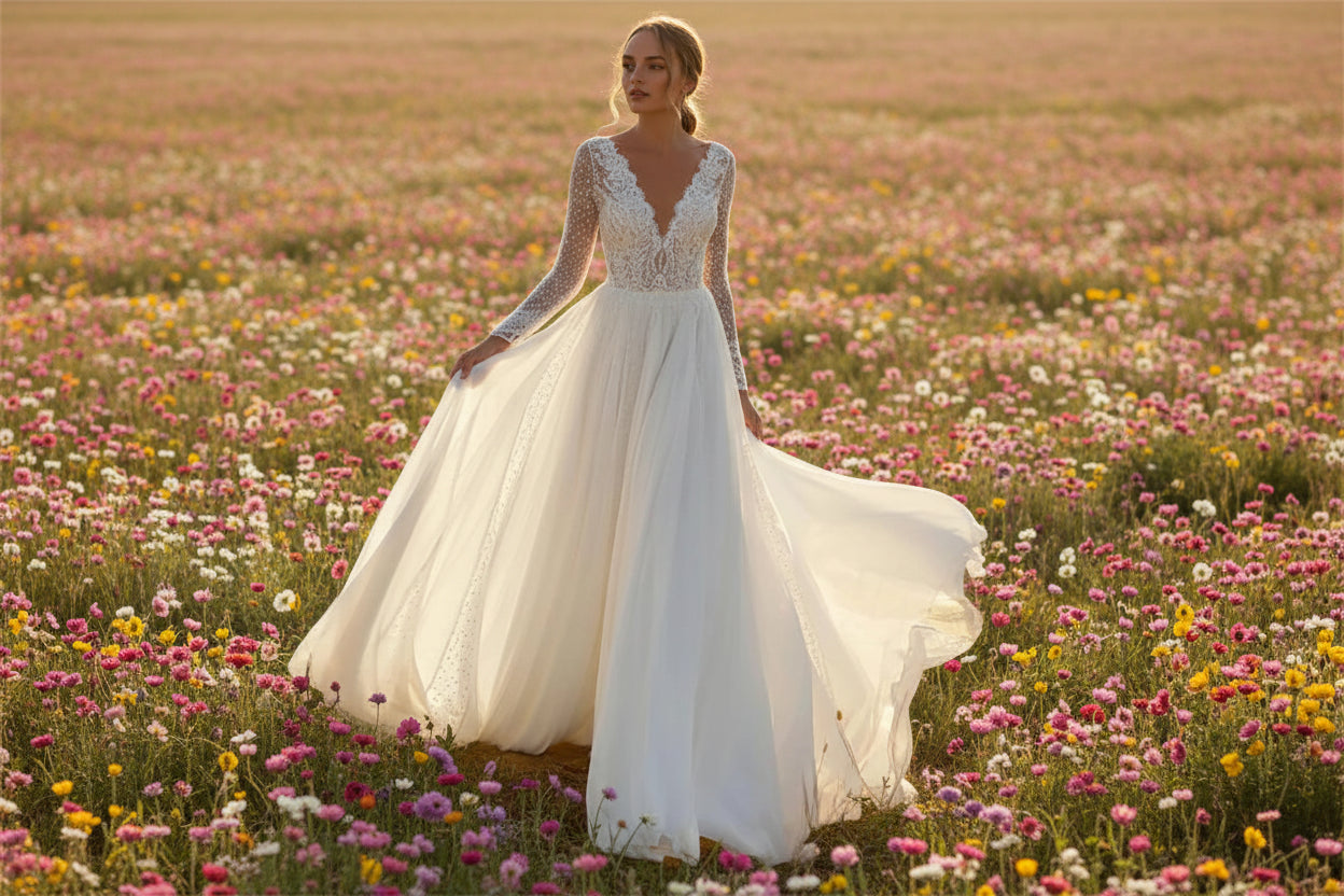 Boho Chiffon Wedding Dress A Line Bridal Gown With Train, glide down the aisle in effortless elegance with this dreamy A-line silhouette