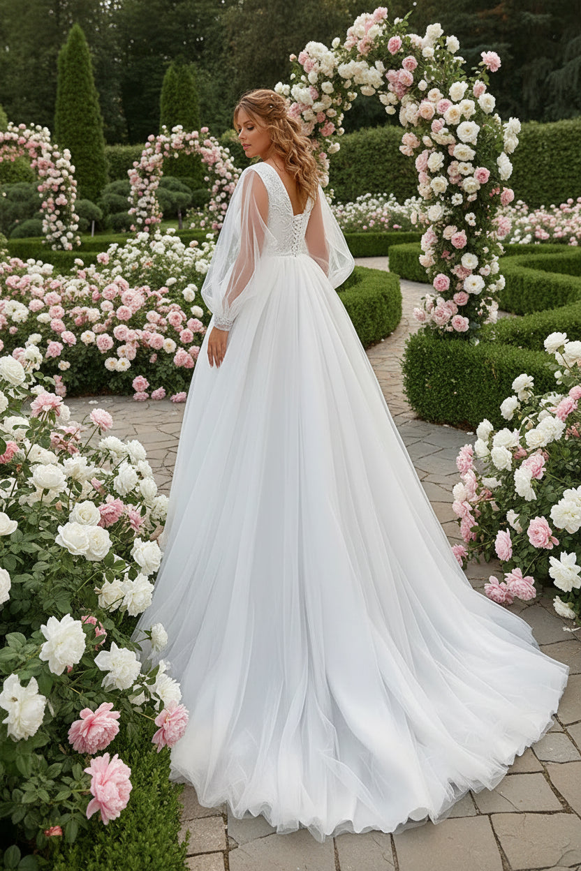 Plus Size Wedding Dress Puff Sleeves  A-Line Bridal Gown