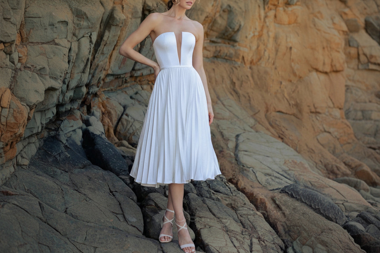 Tea Length Wedding Dress Satin A Line Bridal Gown