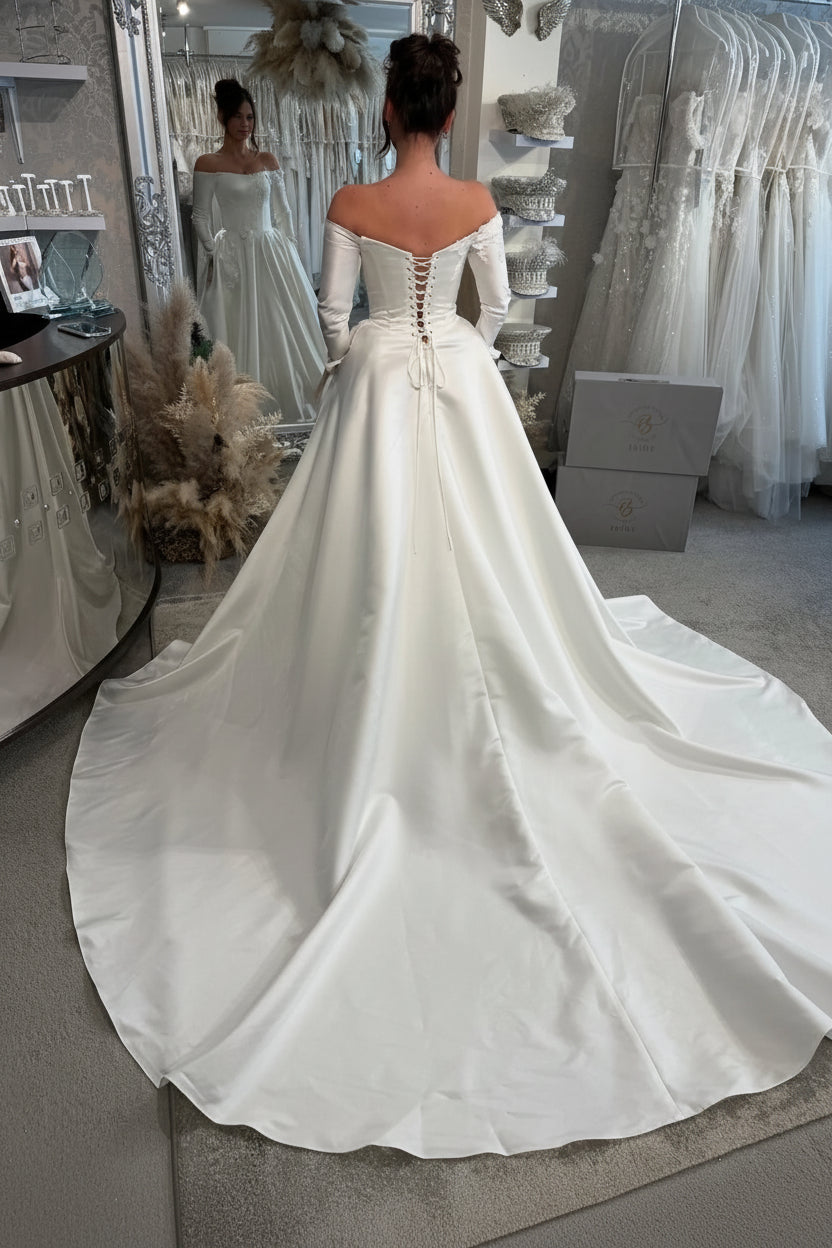 A-line Off the Shoulder Lace up Satin Wedding Dress White / 8