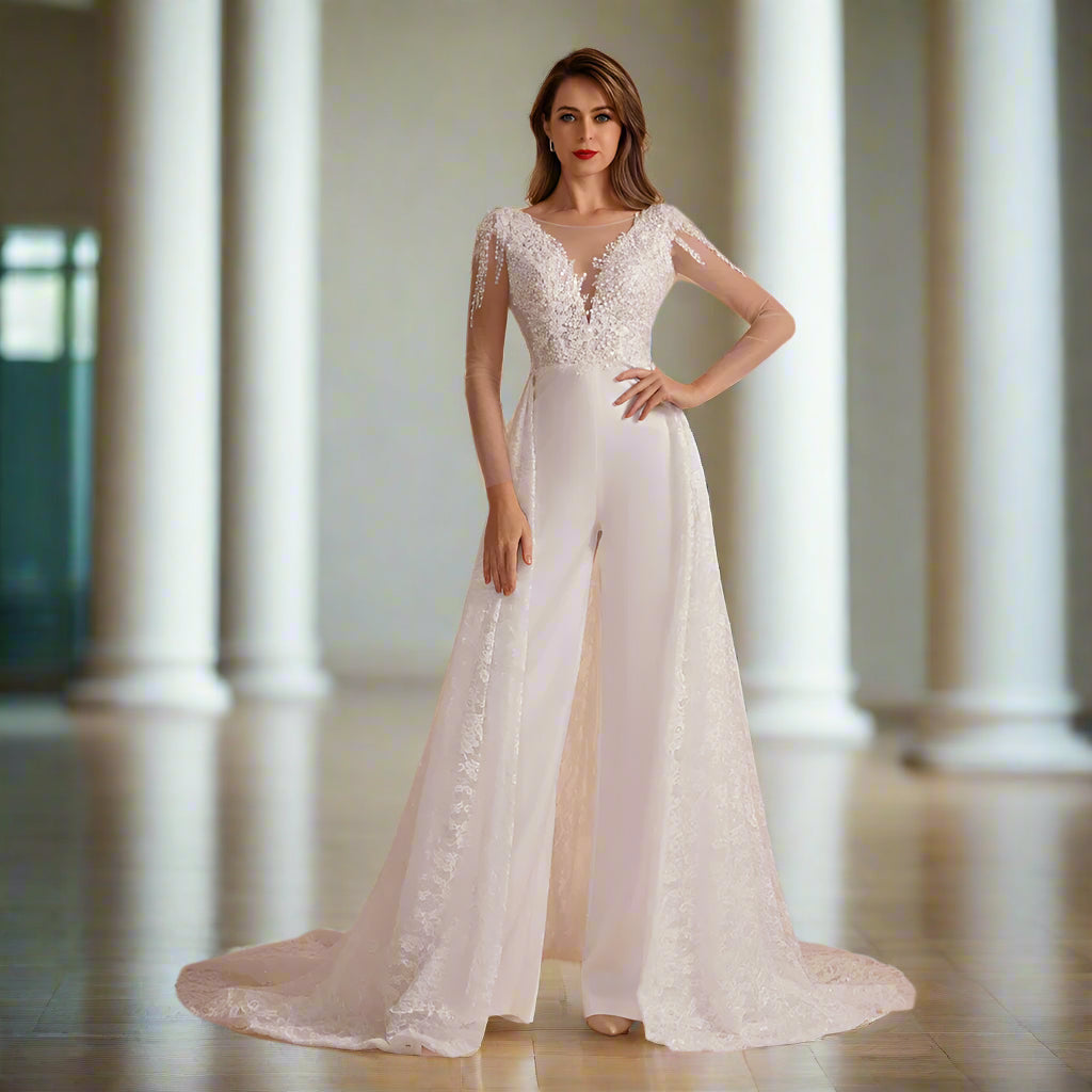 Wedding Jumpsuit With Detachable Skirt, Indulge in the alluring charm of our flawless Bridal Lace Jumpsuit for women! 