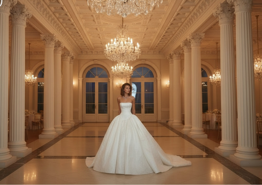 Elegant Boho Wedding Dress featuring a strapless sleeveless design in a luxurious ballroom setting.