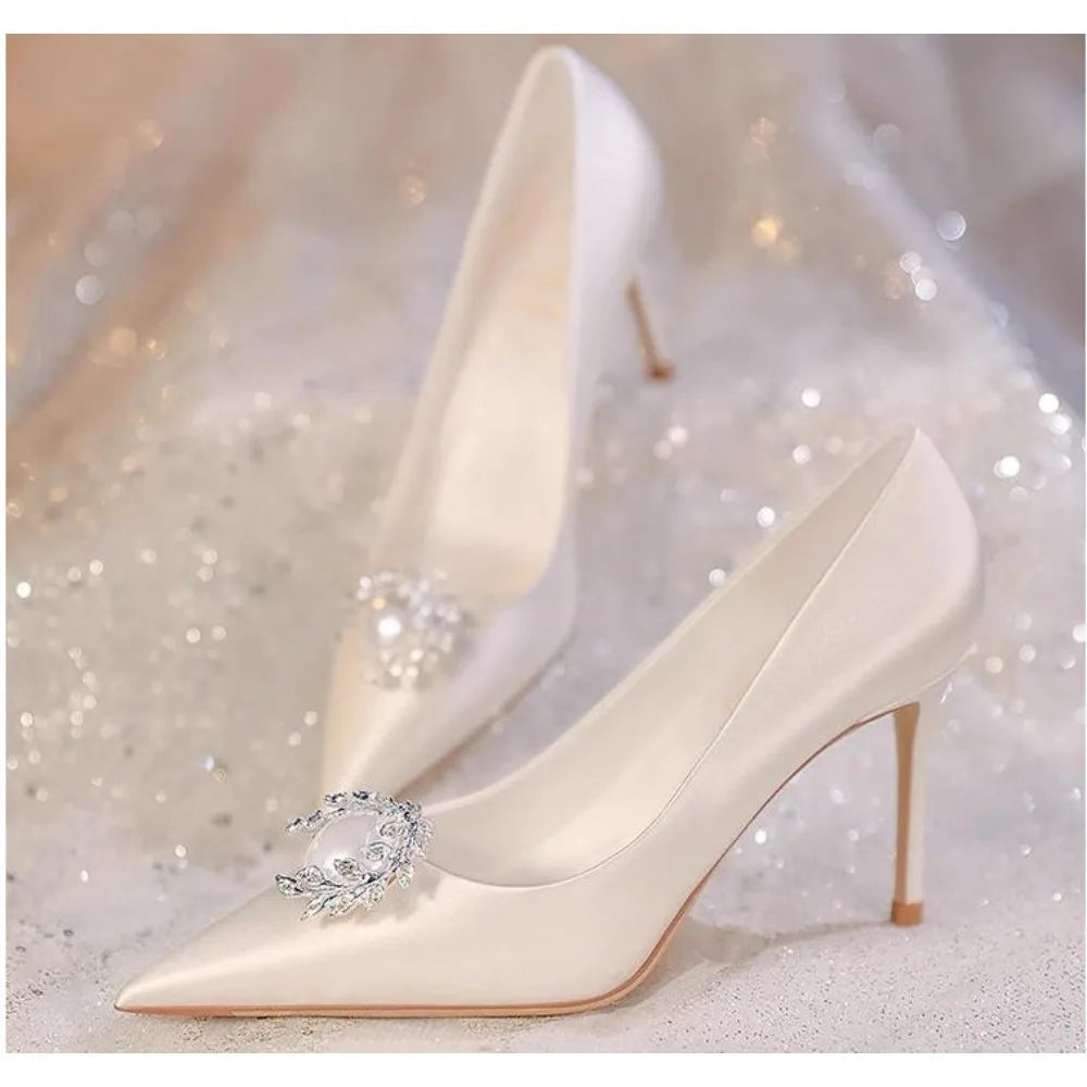 White Rhinestone Wedding Shoes Heel Bridal Dress Pumps