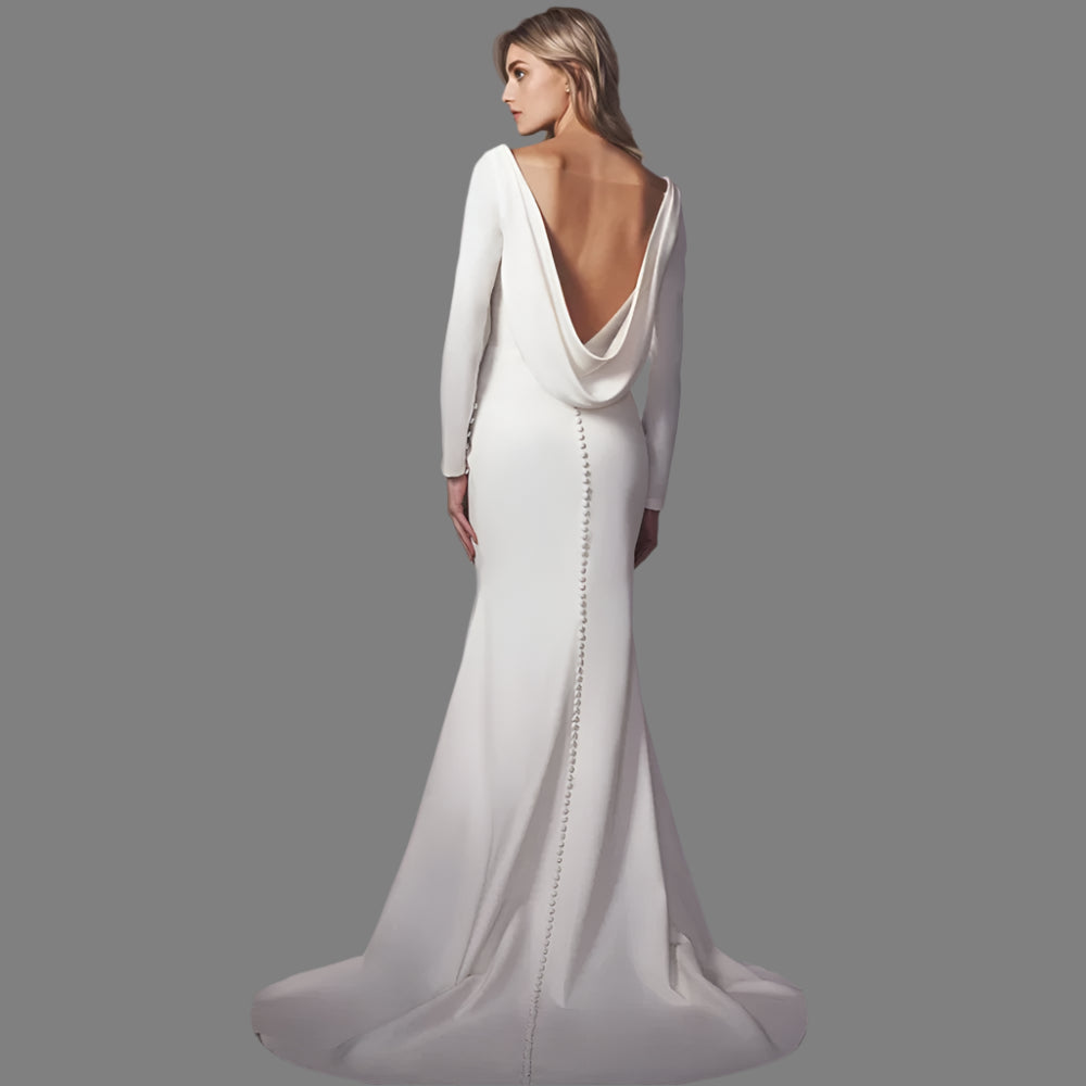 long sleeve cowl back wedding dress Cowl Back Wedding Dress With Sleeves, Simple Long Sleeve Backless Beach Wedding Dress, White Maxi Dress With Buttons, Tight Wedding Dress