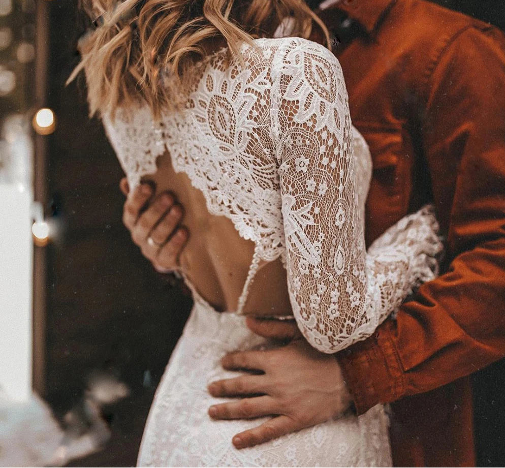 boho long sleeve wedding dress with open back V-Neck Polka Dot Lace Open Back Long Sleeve Boho Wedding Dress WD433 US4 / As Picture