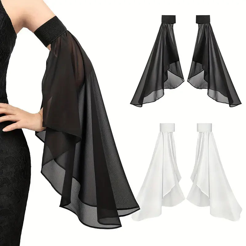 Elegant detachable long sleeve tulle arm accessories in black and white, perfect for brides and special occasions.