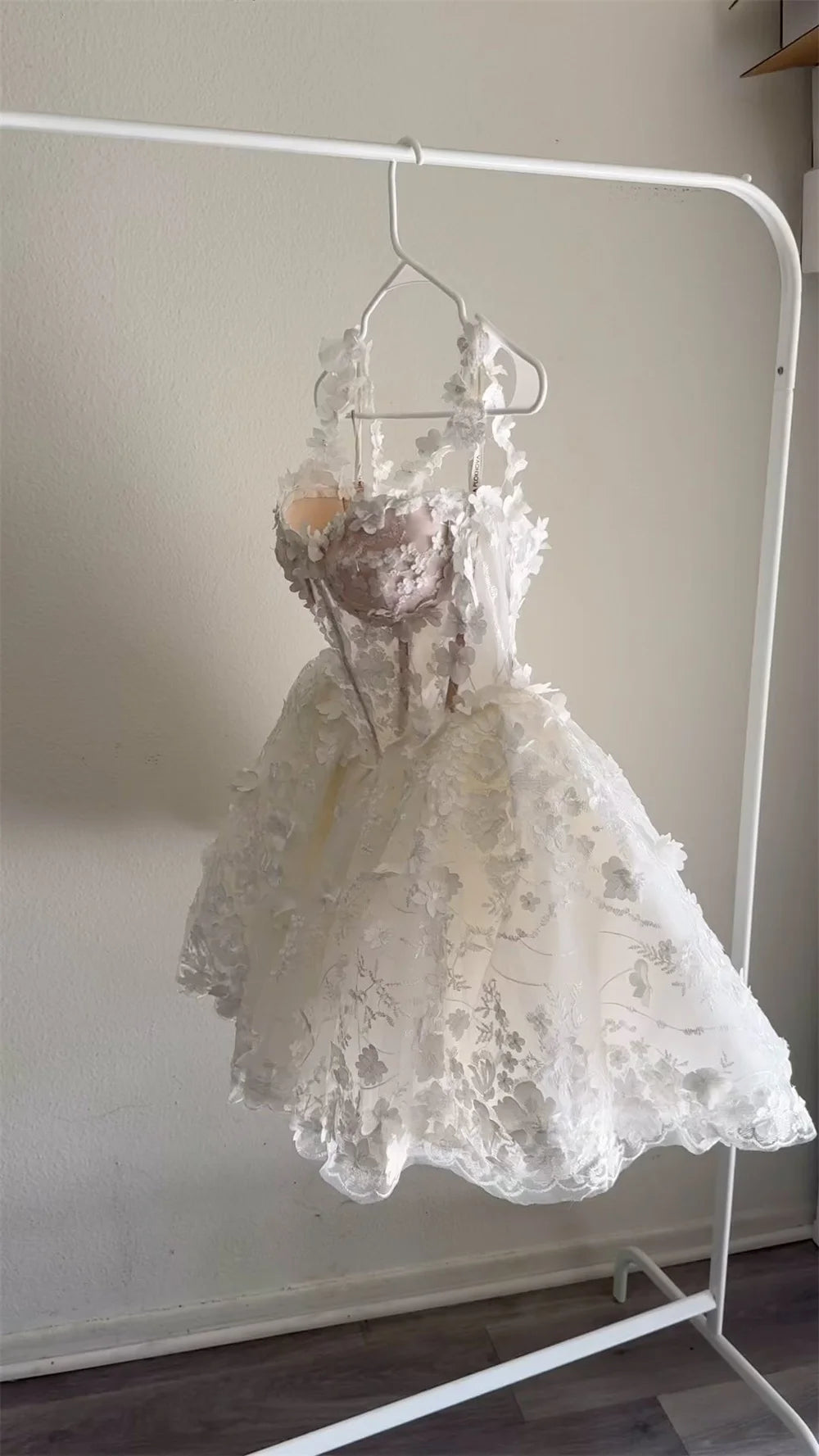 Mini Wedding Dress Boho Lace Floral Bridal Gown, Enhance your elegance with our Boho Lace Mini Ball Gown Floral Dress.