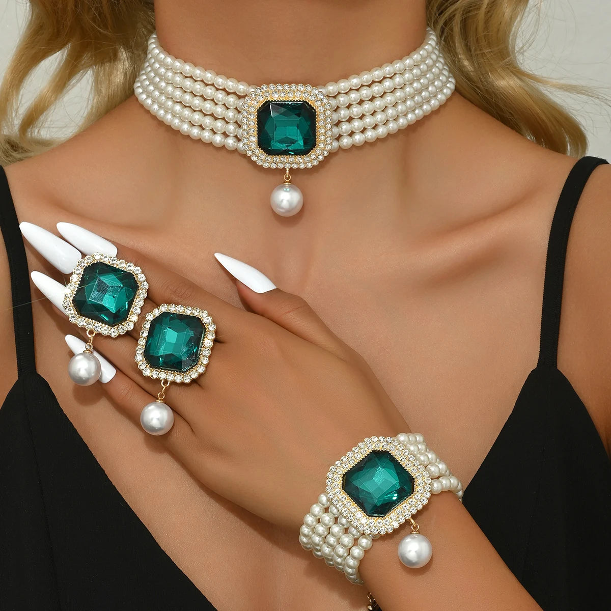 Wedding Jewelry Sets Faux Pearl Crystal Necklace Earrings Bracelet, Elevate your party ensemble with this sophisticated jewelry set 