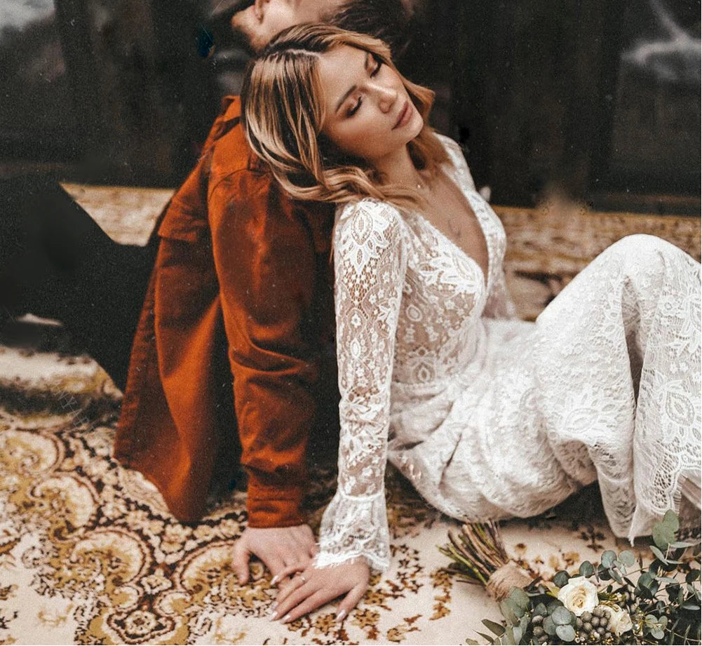 boho long sleeve wedding dress with open back Lace Long Sleeves Boho Wedding Dresses With Open Back
