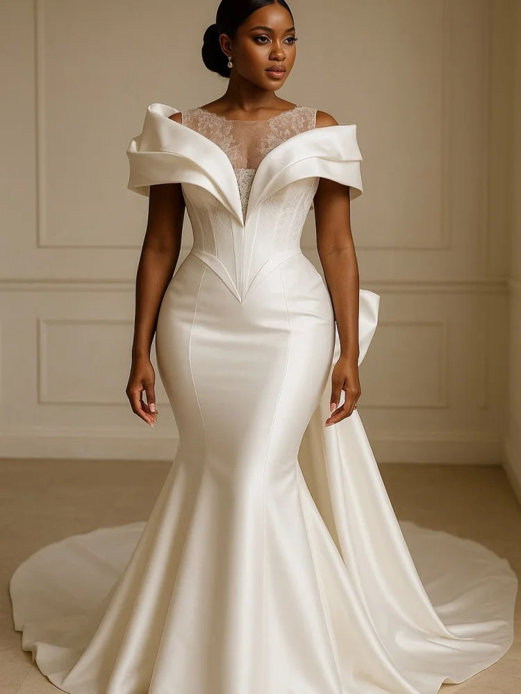 Plus Size Satin Mermaid Wedding Dress Backless Bridal Gown