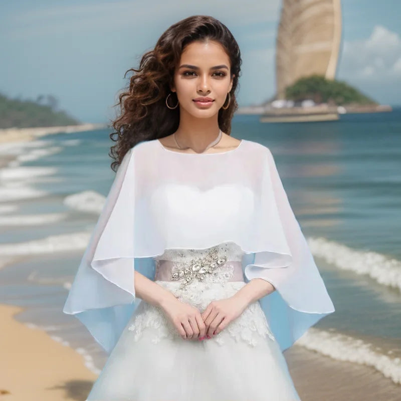 sachin and babi light blue dress Ruched Back Cream Chiffon Shrug | KRISP main image 1