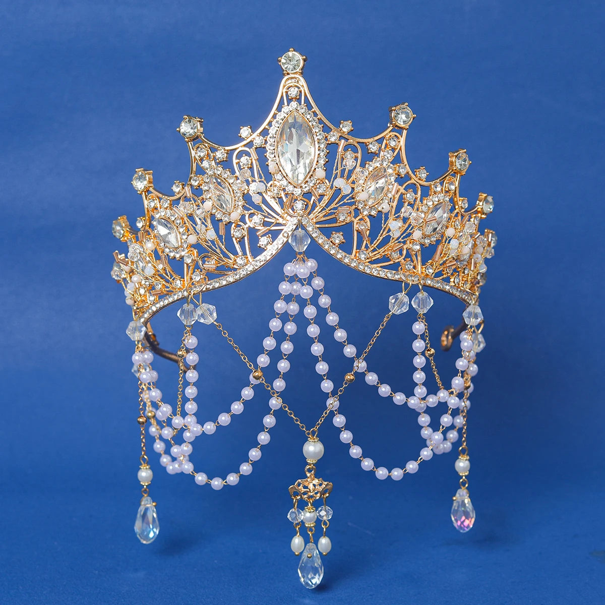 Crystal Tiara Crown Handmade Tassel Pearls Hair Accessory, feel like royalty with our Trendy Gold Crystal Tiara Crown!