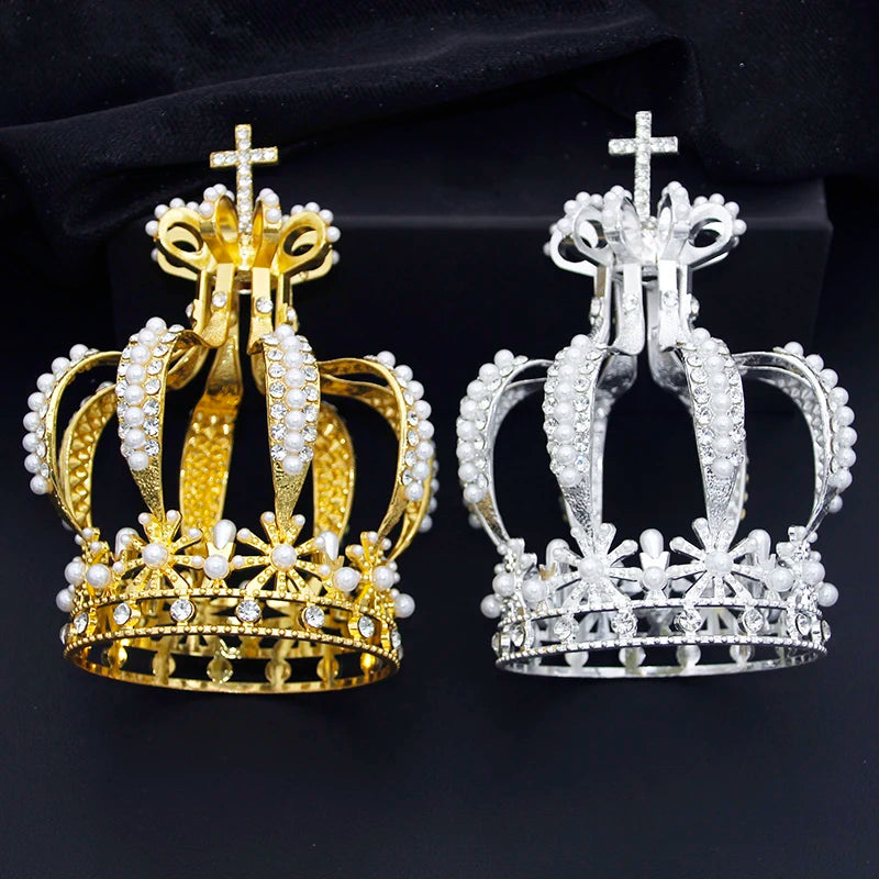 Round Crown Cross Imitation Pearls Rhinestone Crystal Birthday Cake Ornaments, Transform into royalty with our stunning Lantern Crown featuring a cross 