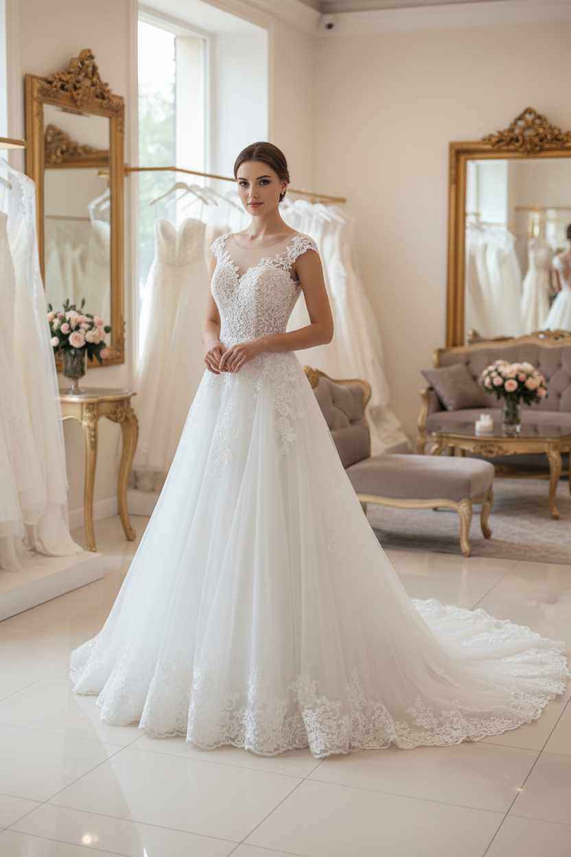 Embellished Beaded Lace A Line Wedding Bridal Gown