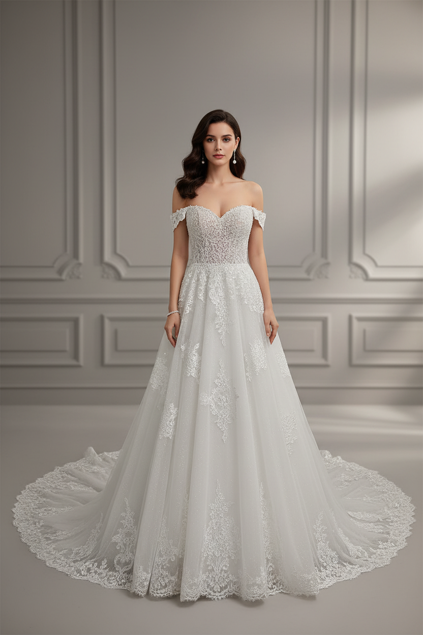 Beaded A Line Lace Off Shoulder Sleeve Wedding Bridal Gown