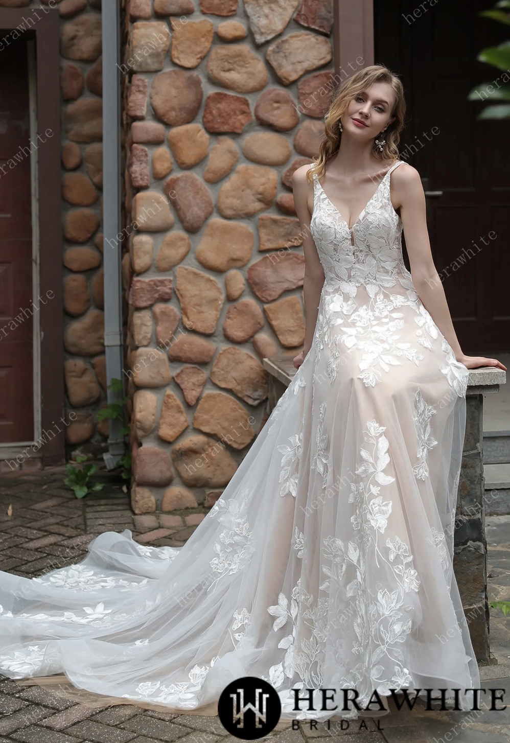 Wedding Dress Floral Tulle Lace A-Line with Sheer Train