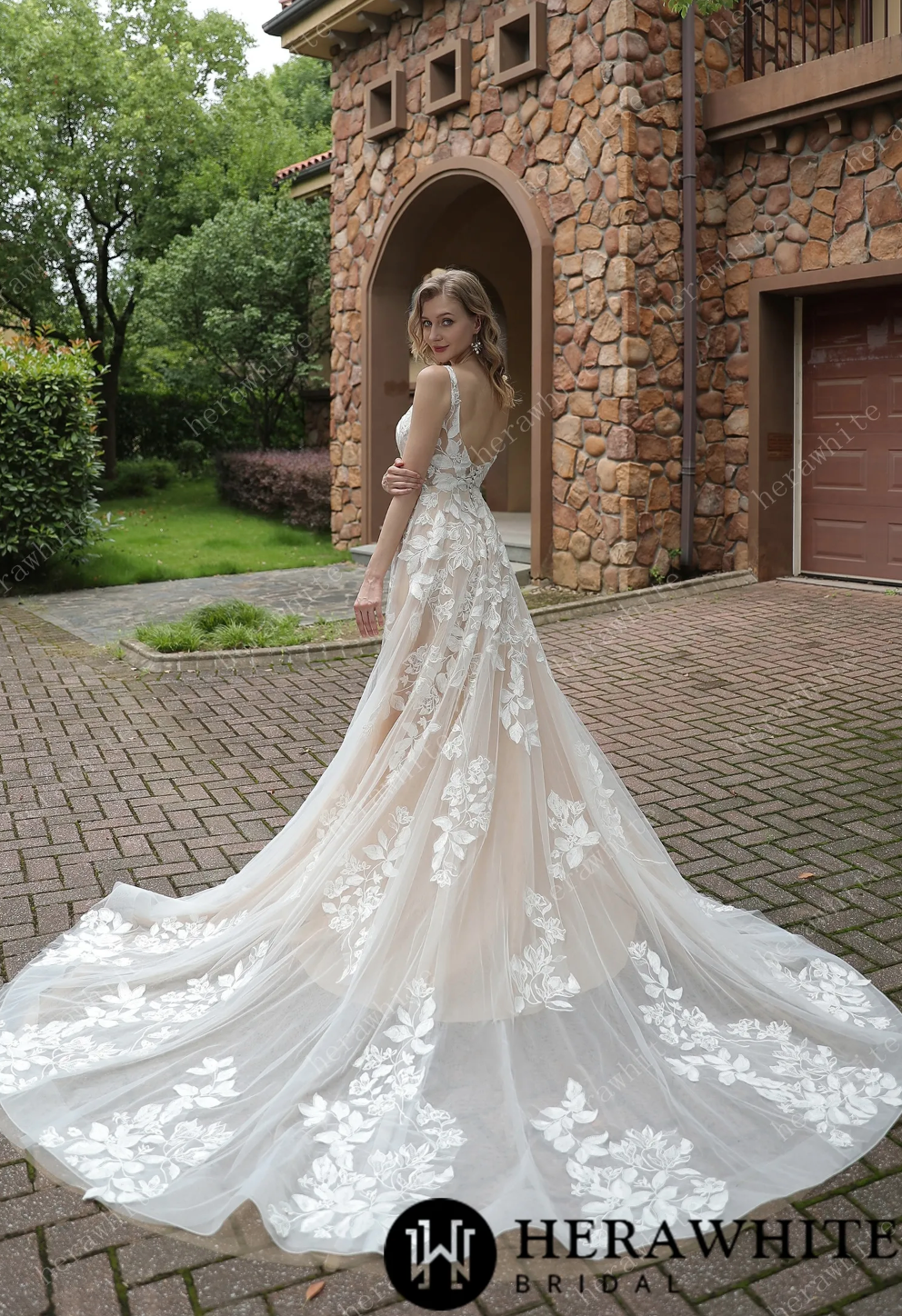 Wedding Dress Floral Tulle Lace A-Line with Sheer Train