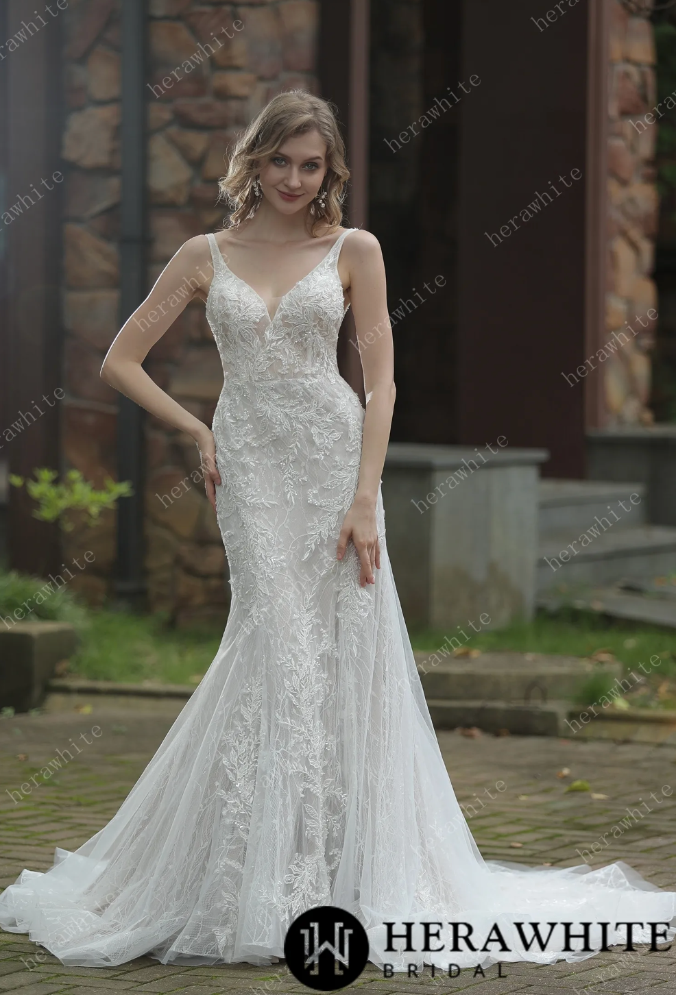 Wedding Dress V Neck Allover Lace Fit and Flare With Train
