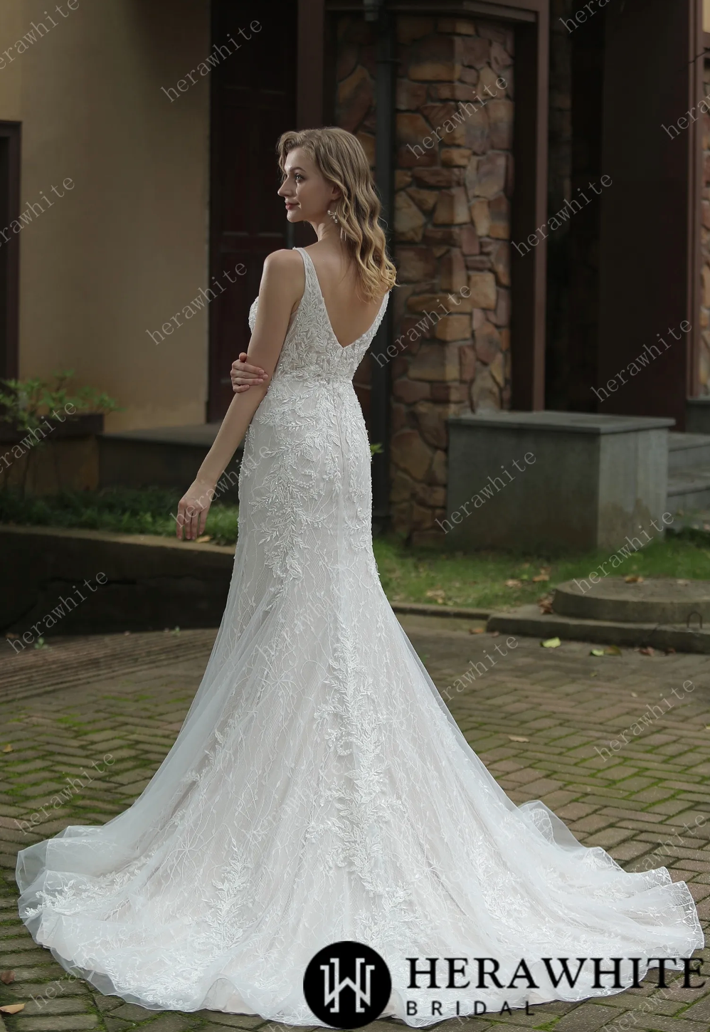 Wedding Dress V Neck Allover Lace Fit and Flare With Train