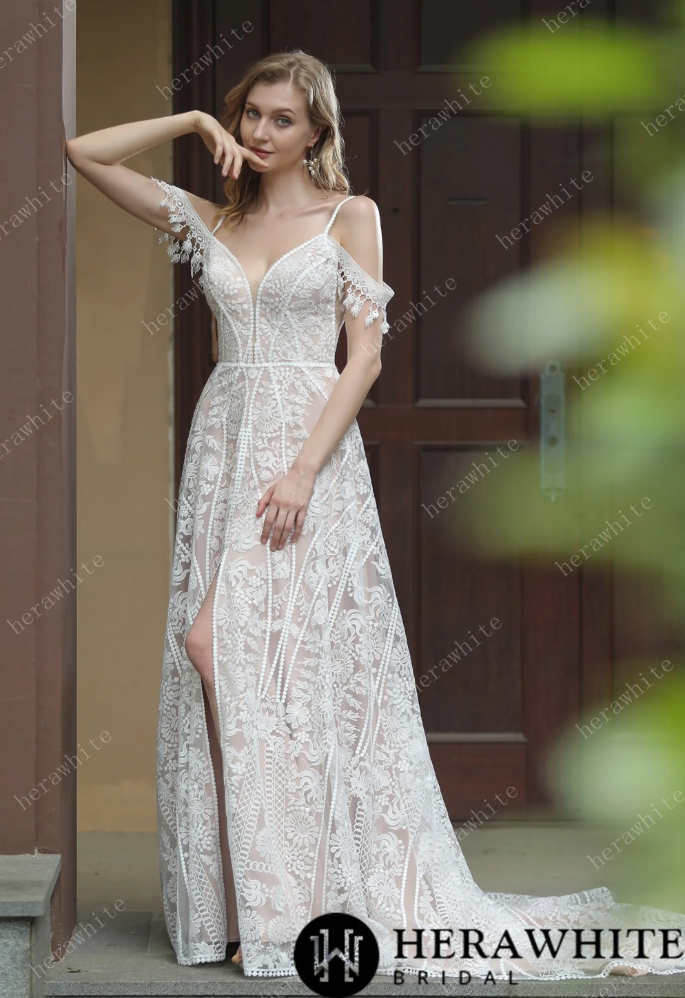 Wedding Dress Beach Bohemian Lace with Plunging V-Neckline