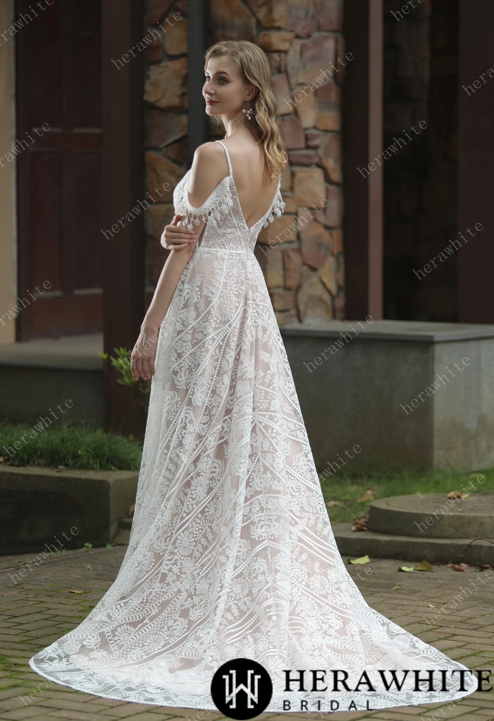 Wedding Dress Beach Bohemian Lace with Plunging V-Neckline