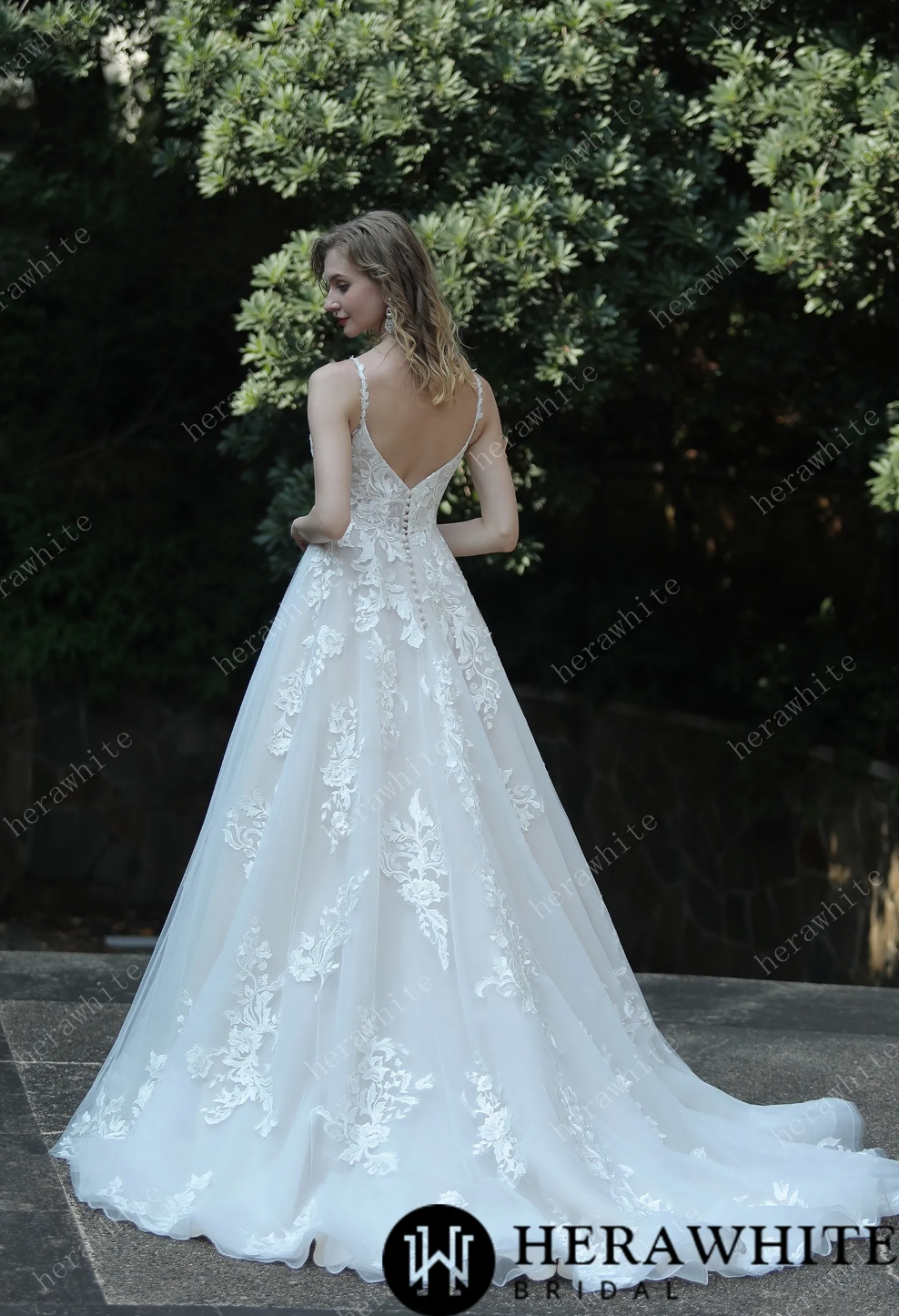 Wedding Dress A-Line with Frosted Flower Lace With Train