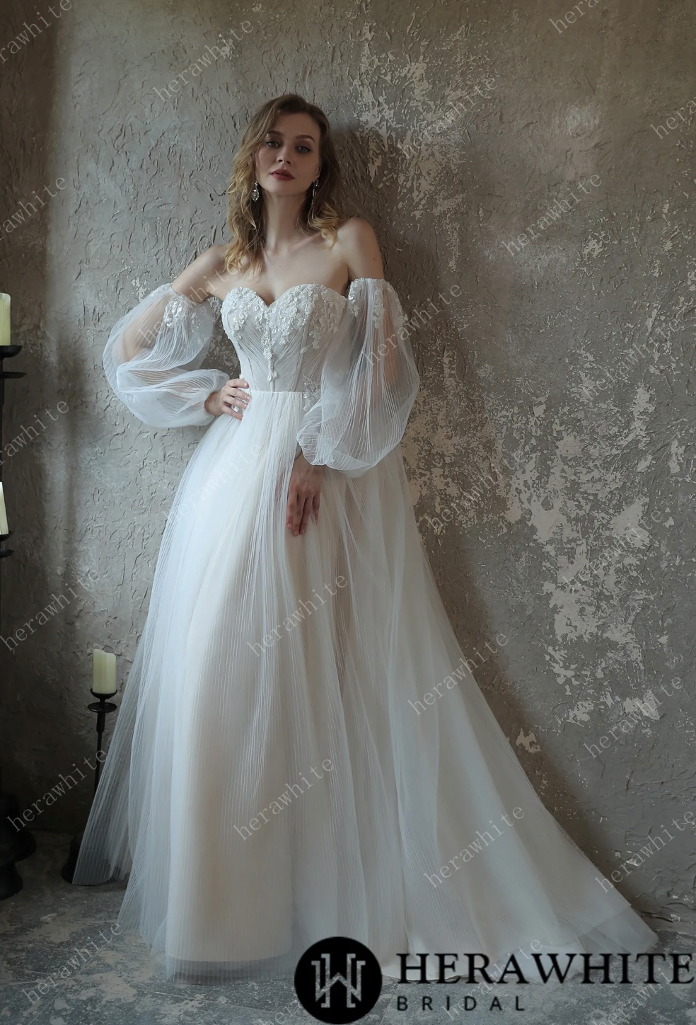Wedding Dress Pleated Tulle A-line Gown With Pouf Sleeves