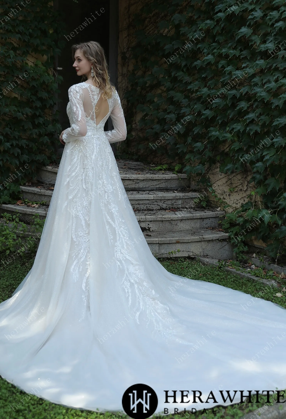 Wedding Dress Long Sleeve Lace A-Line with Plunging V-Neck