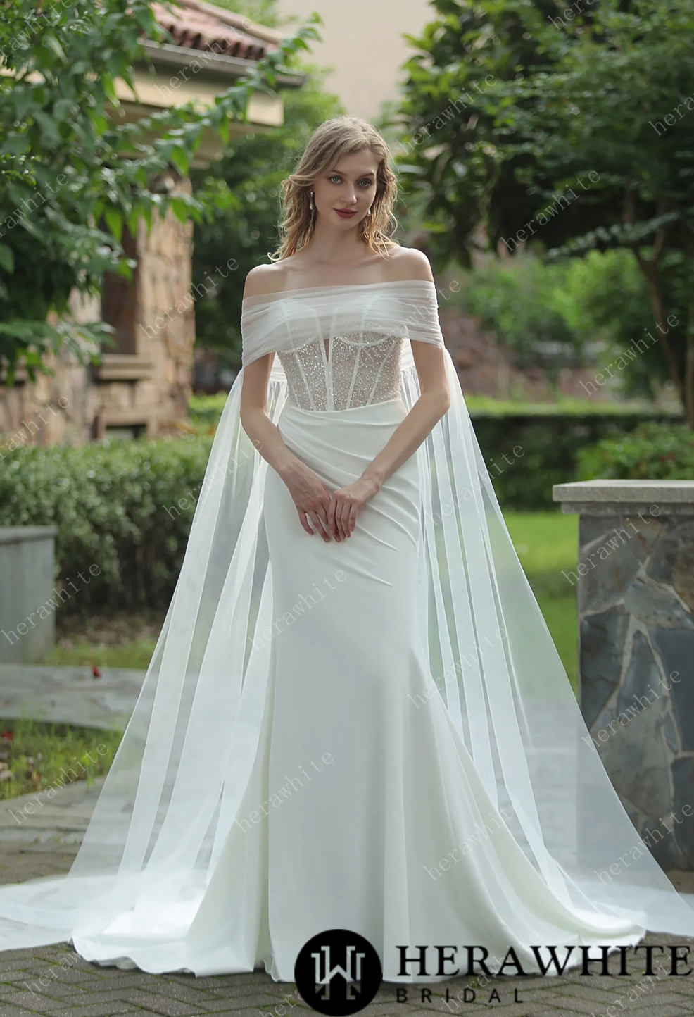 Wedding Dress Plunging V-Neck Beaded Crepe Fit and Flare 