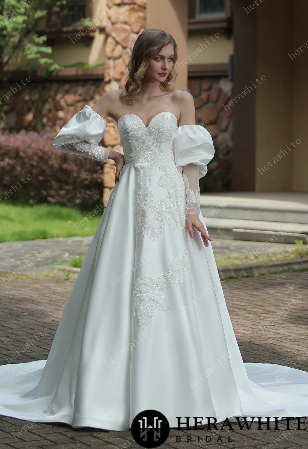 Wedding Dress Sweetheart Satin With Detachable Pouf Sleeves