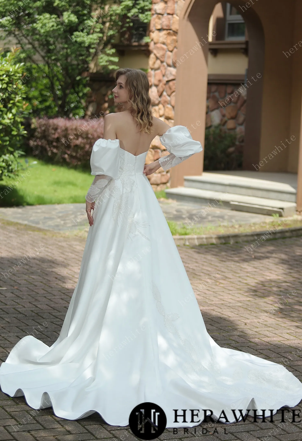 Wedding Dress Sweetheart Satin With Detachable Pouf Sleeves