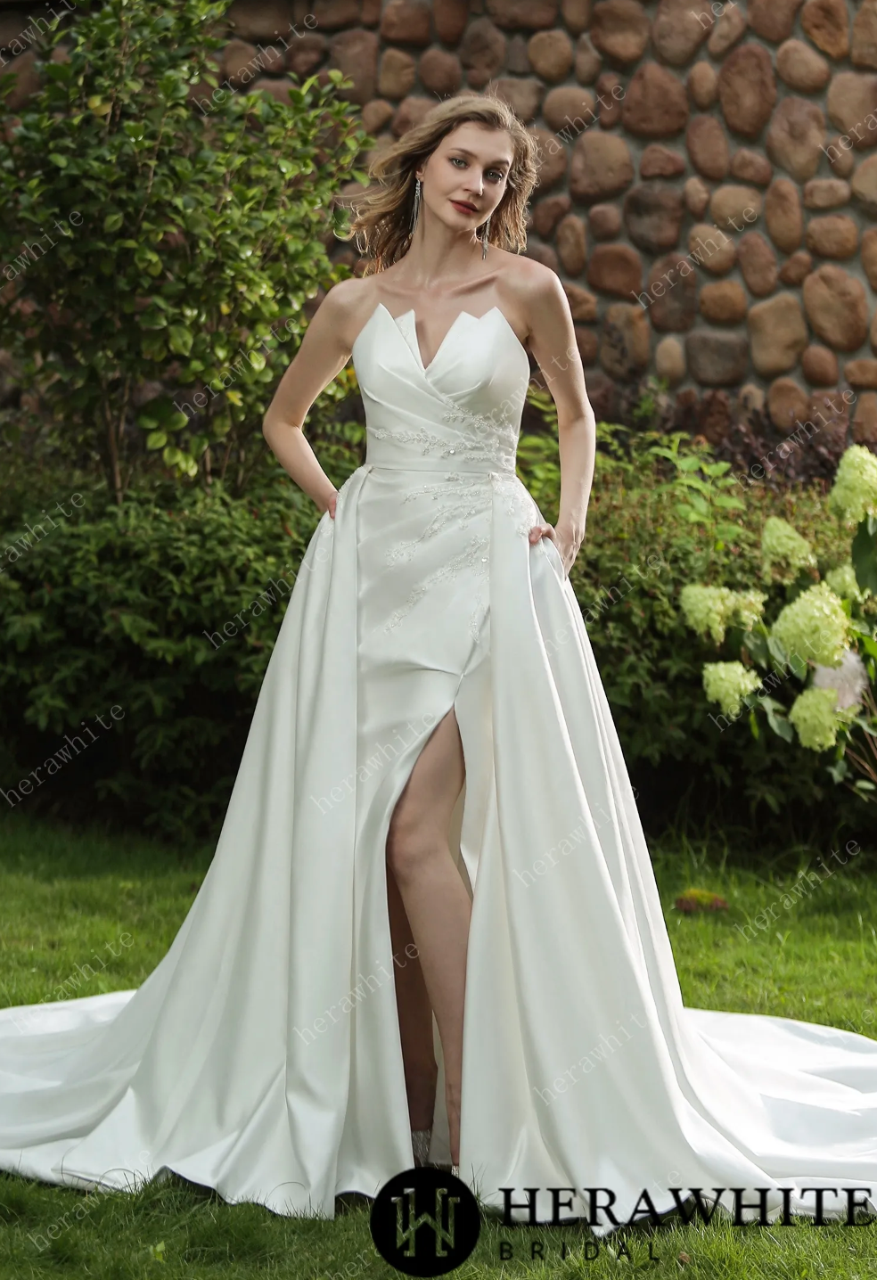 Wedding Dress Strapless Satin With Detachable Overskirt