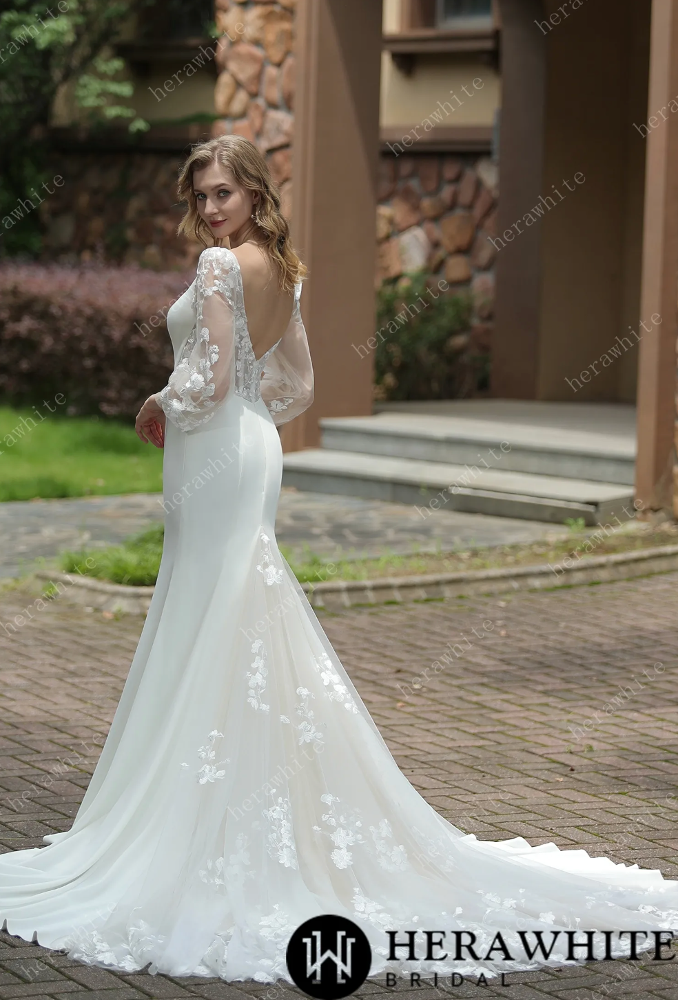 Wedding Dress Square Neck Crepe Fit And Flare With Train