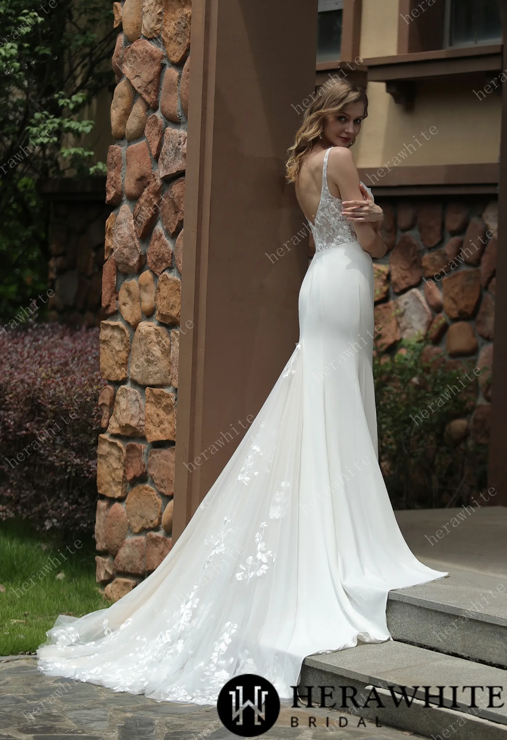Wedding Dress Square Neck Crepe Fit And Flare With Train