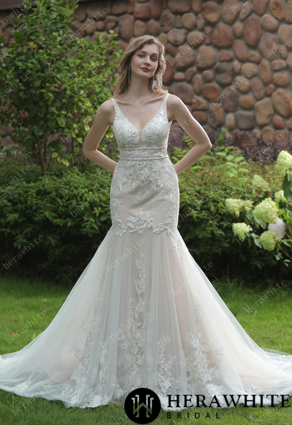 Wedding Dress Plunging Beaded Mermaid Gown With Double Band