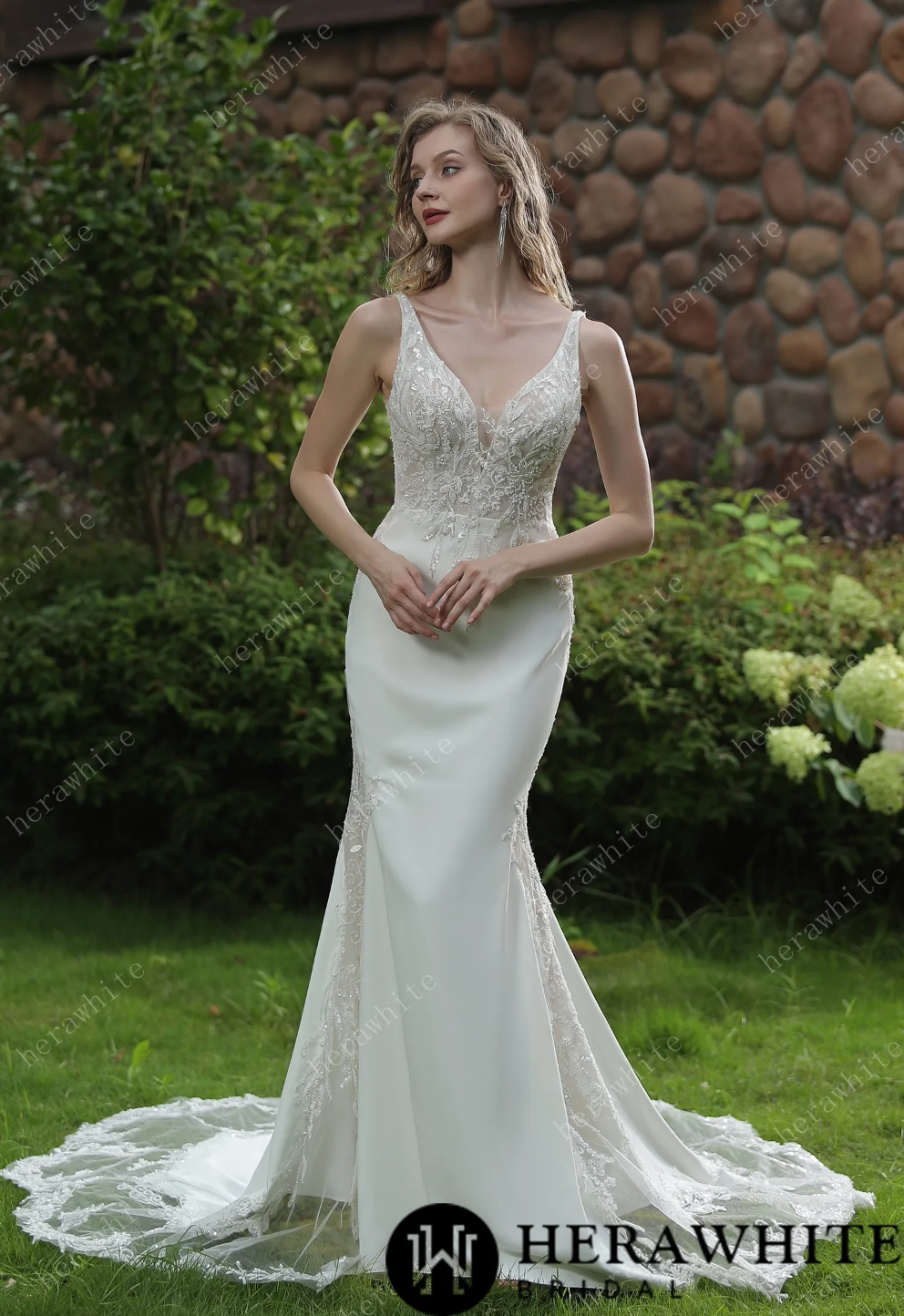 Wedding Dress Fit And Flare With V Neckline And Crepe Skirt