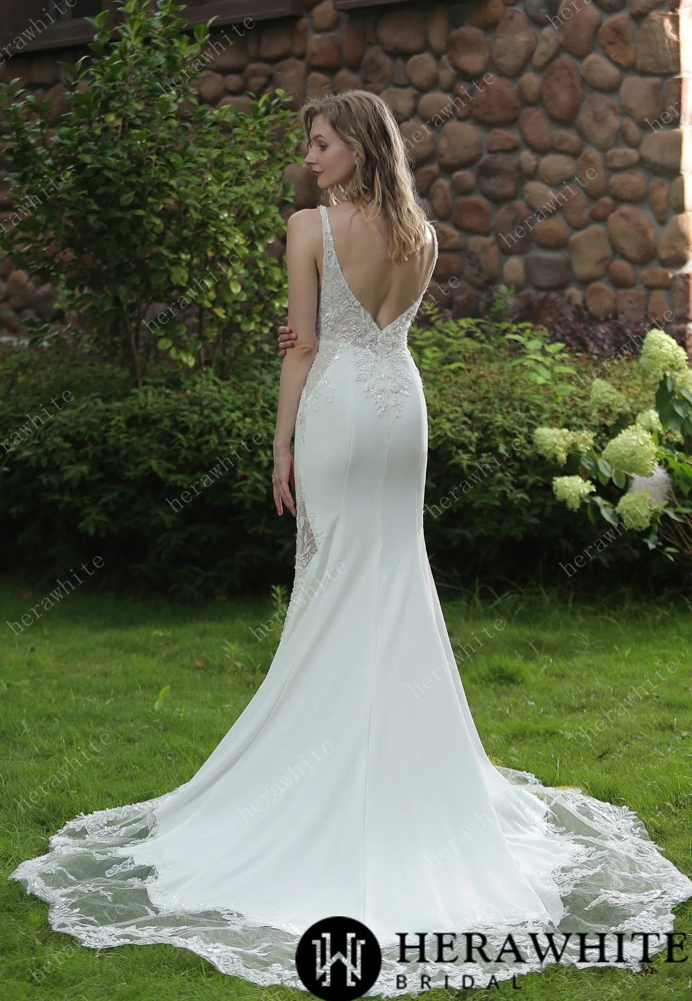 Wedding Dress Fit And Flare With V Neckline And Crepe Skirt