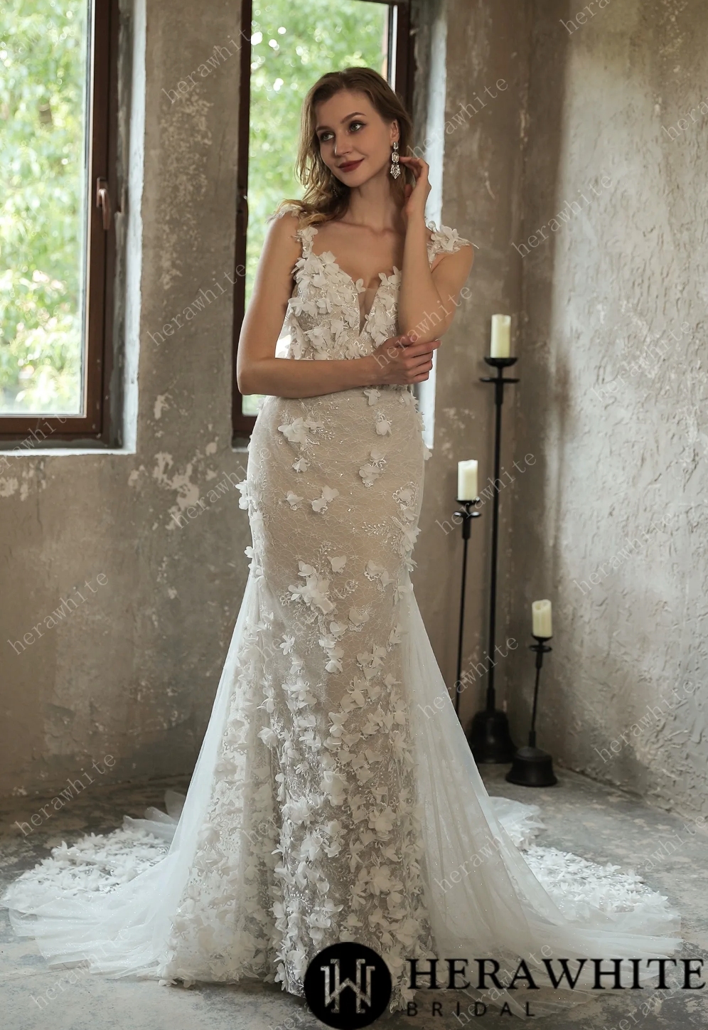 Wedding Dress 3D Petal Lace And Sparkle Tulle With Train