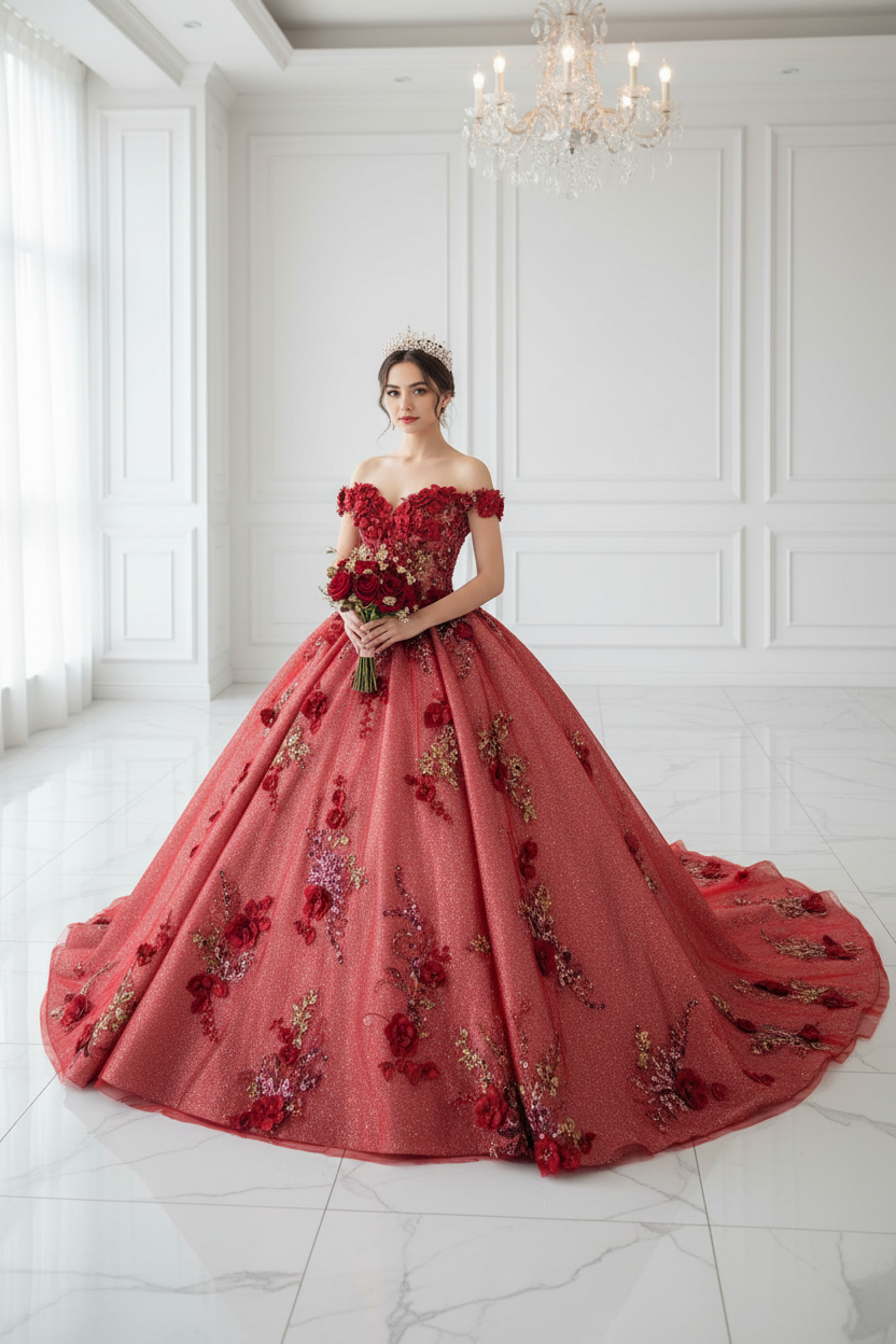 red quince dress with flowers House of Wu LizLou 26099 Floral Applique Sweetheart Neck Quince Dress