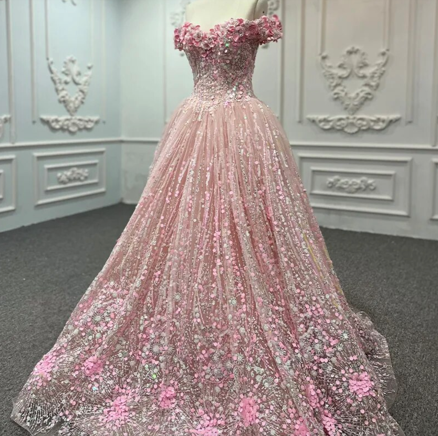 Quinceanera Dress Pink Sequined A Line Ball Gown, Transport yourself to a world of elegance and style with this pink sequined quinceañera dress